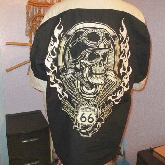 Ride or Die Highway To Hell Snap Shirt Mens Size L Skull Flame Patches Camp Goth - Picture 10 of 11